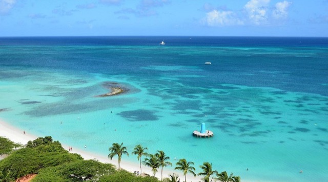 Turquoise water along Eagle Beach