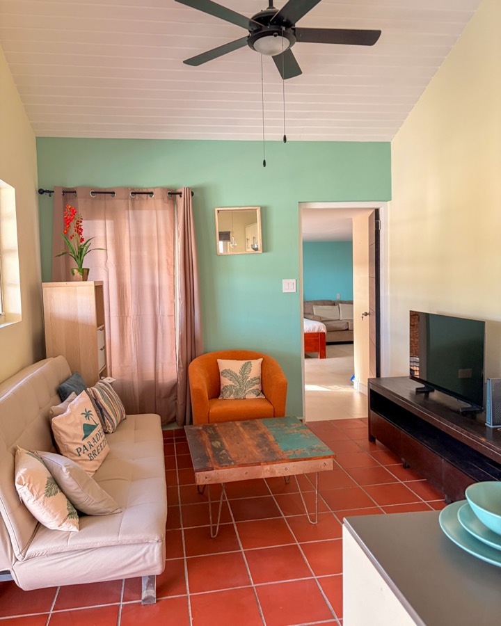 Sitting area with a sofa, armchair, and television